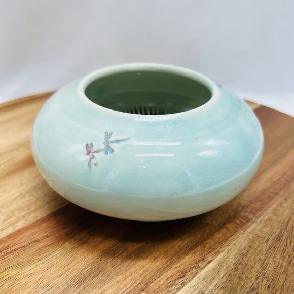 Jamie Oates Studio Pottery Ikebana Flower Frog Vase Dragonfly Celadon Artisan - Picture 3 of 12